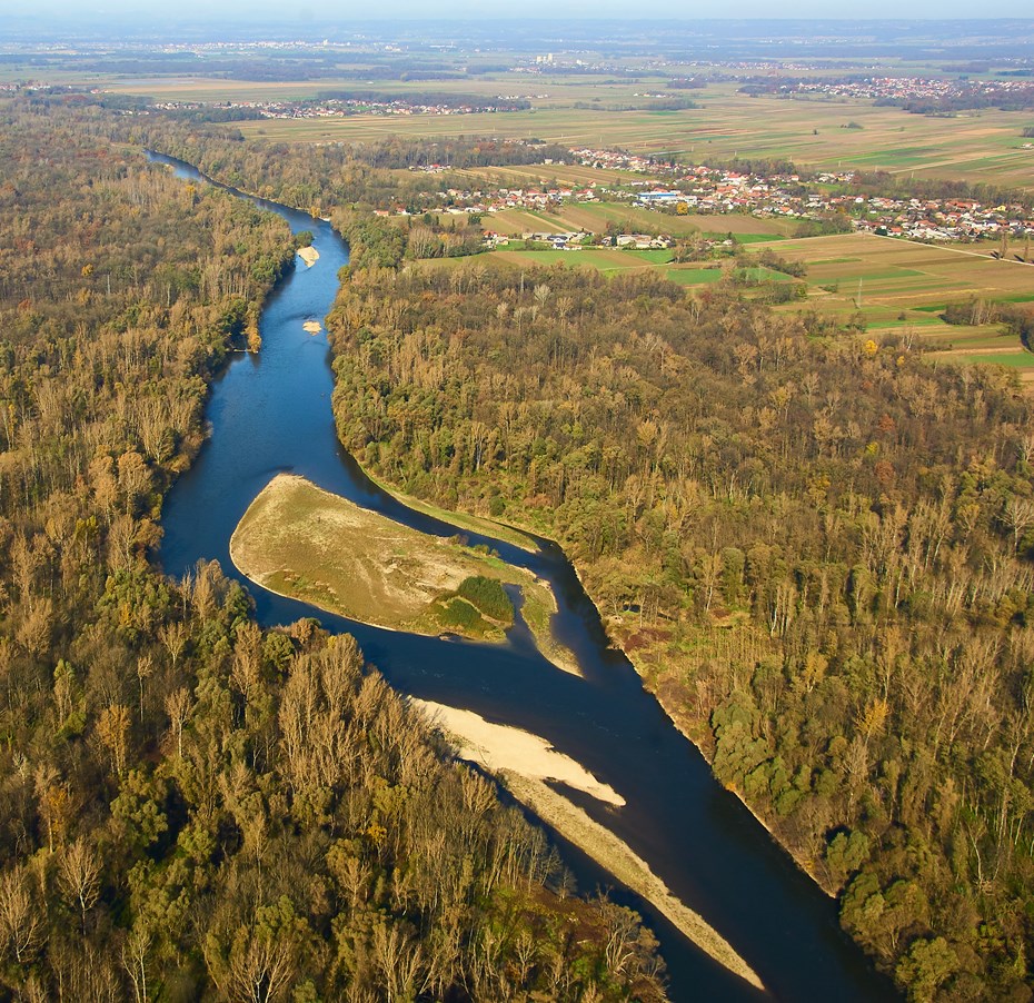 Rivier in Europa, bovenaanzicht, stroomt tussen de bomen